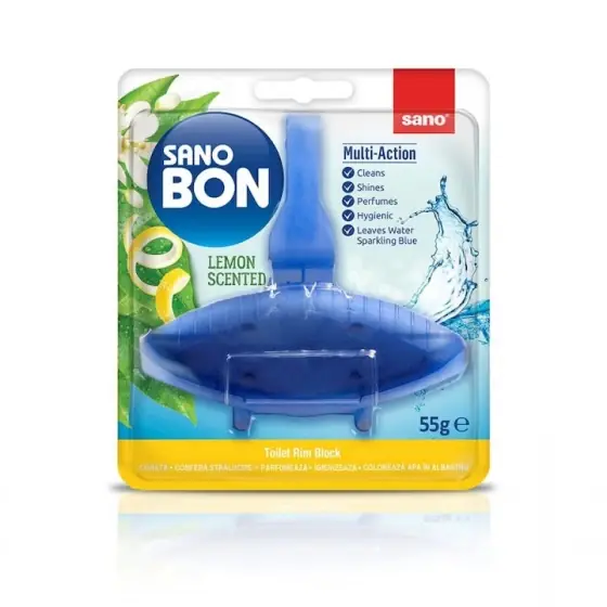 Odorizant solid pentru vasul toaletei Sano Bon Blue Lemon, 55 grame Ofertă exclusivă