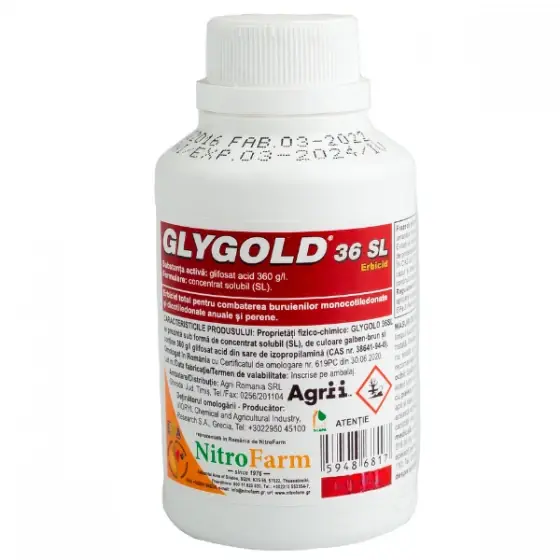 Ofertă limitată Erbicid total, neselectiv, cu actiune sistemica, pentru combaterea buruienilor monocotiledonate si dicotiledonate anuale si perene Glygold 36 SL, 500 ml