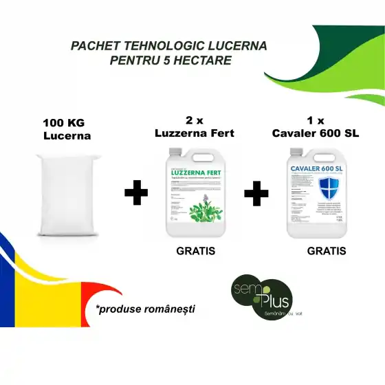 Pachet tehnologic complet pentru 5 HECTARE DE LUCERNA (100 Kg de lucerna + 10 litri de Biopreparat auxiliar Cavaler + 20 litri ingrasamant foliar Luzzerna Fert) Lichidare de stoc
