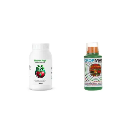 Pachet tratament si nutritie tomate/rosii, Stimulator de legare si rodire, Biocresc Rosii, 250 ml + Fertilizant foliar natural, universal Cropmax, 250 ml Ultima șansă