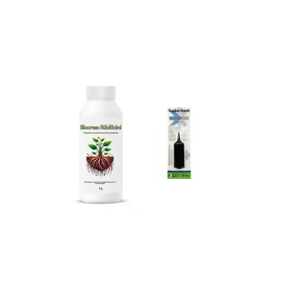 Pachet inradacinare rasaduri Biostimulator pentru butasi si arbusti fructiferi Biocresc Radacini, 1 l + Biostimulator Turbo Root, 25 ml Noutate