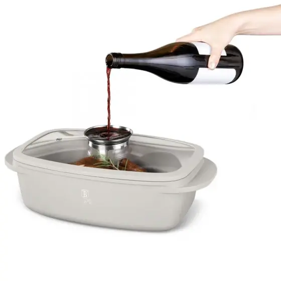 Tavă de friptură cu capac de sticlă și buton pentru aromă, crem mat - BH/8777 Reducere de preț