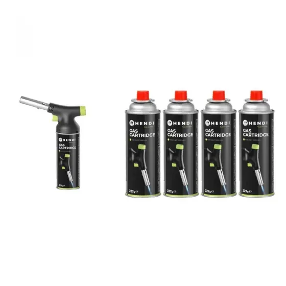 Cel mai vândut Pachet Set arzator profesional si cartus gaz HENDI Jet, aprindere automata, 175x68x260(h)mm plus Set 4 x rezerve gaz butan 227 grame, pentru arzator creme brule Hendi