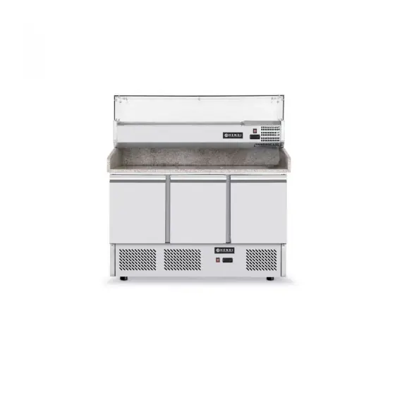 Disponibil imediat Masa frigorifica cu 3 usi, pentru pizza, cu vitrina ingrediente cu 6 tavi GN 1/4, 270+170 W, ARKTIC by Hendi, 140x70x(H)144.5 cm
