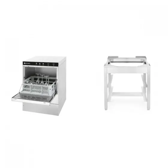 Cel mai bun preț Pachet Masina profesionala de spalat pahare K40 Hendi 230 W 470x510(+325)x(H)710 mm plus Suport podea pentru masina de spalat vase, Inox Hendi 470x500x(H)500 mm