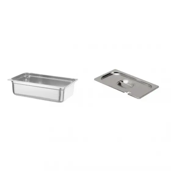 Calitate înaltă Pachet Tava Gastronorm GN 1/1, adancime 150 mm, 19.8 litri, gama Hendi Profi Line, otel inoxidabil plus capac Hendi Gastronorm cu fanta pentru lingura servire GN 1/1
