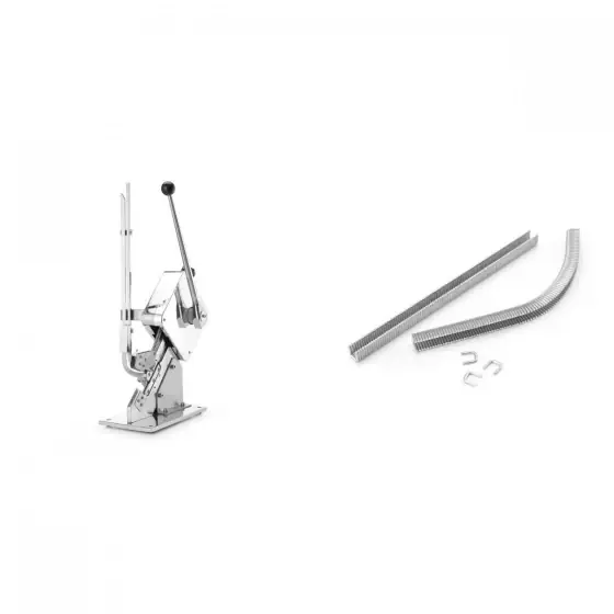 Pachet Masina de capsat cu 1000 capse incluse, dimensiune 150x350x500(h)mm plus Set 2000 de cleme pentru aparat profesional de capsare sau sigilare mezeluri Ofertă de sezon