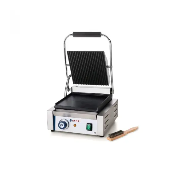 Preferatul clienților Contact grill profesional, partea superioara striata, partea inferioara neteda, 1800W, termostat 0-300 gr C, suprafata grill 22 x 23 cm, dimensiuni 29x37x(H)21 cm, Hendi