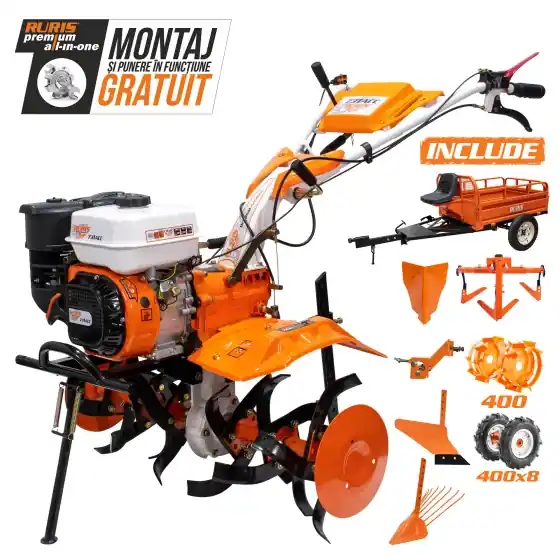 Motosapatoare RURIS 731ACC3 + roti cauciuc 5.00-8 + rarita + plug + adaptor + dispozitiv scos cartofi + roti metalice 400 fara manicot + cultivator + remorca RURIS 550S Calitate înaltă