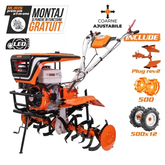 Motosapatoare RURIS 913ACC + roti cauciuc 5.00-12 + plug reversibil REV2 + roti metalice 500 Retur gratuit
