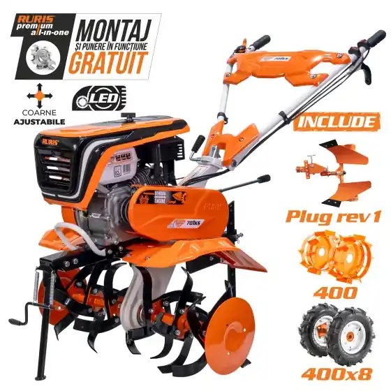 Cel mai vândut Motosapă RURIS 701KS + roți cauciuc 4.00-8 + plug reversibil REV1 + roți metalice 400 fără manicot