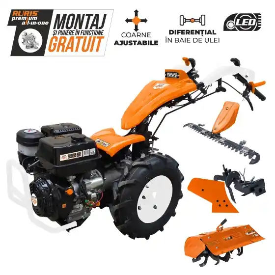 Motocultivator Ruris 977CSP cu lama de cosit 977S, freza de sapat S977 si plug P977 Disponibil imediat