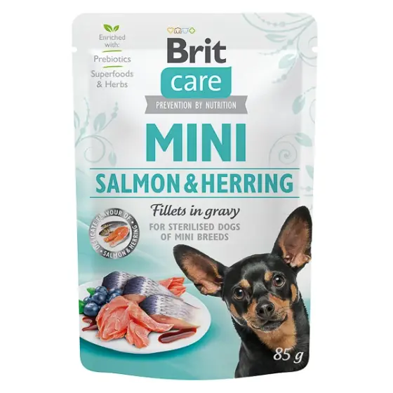 Brit Care Dog Mini Salmon and Herring Sterilised Fillets in Gravy 85 g Comandă acum