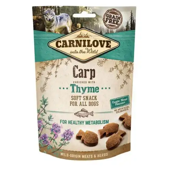 Recompense pentru caini, Carnilove Dog Semi-Moist Snack, Crap si Cimbru, 200 g, set de 6 bucati Chilipir